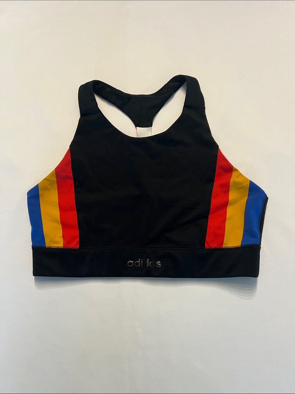 adidas Black Racerback Sports Bra with Retro Red, Yellow and Blue Side Stripes